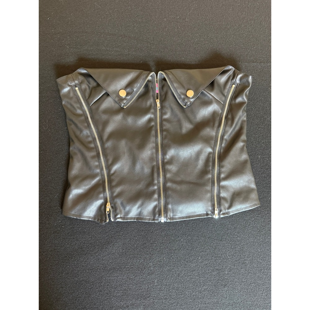 Edikted Biker Corset‎ Top Women Large Black Excellent Faux Leather Moto Tube Zip